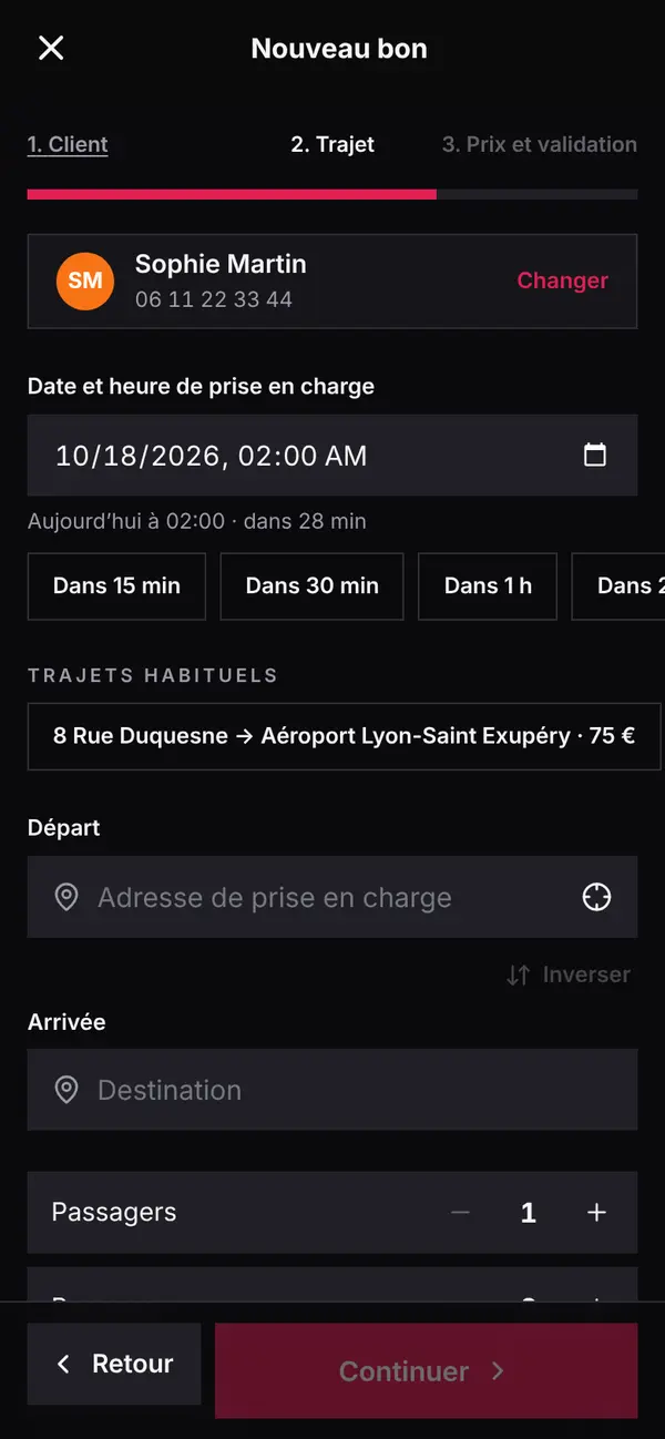 Un bon de commande dans l’appli VTC Master