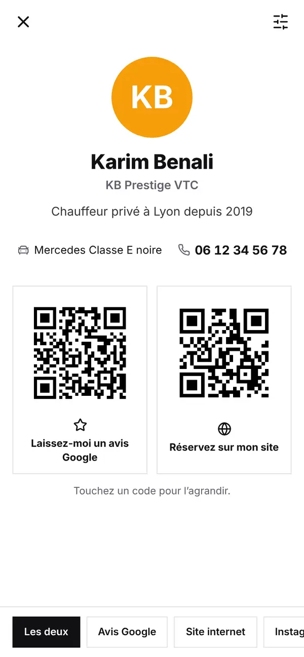Le mode client de VTC Master : photo du chauffeur et QR codes avis Google et site