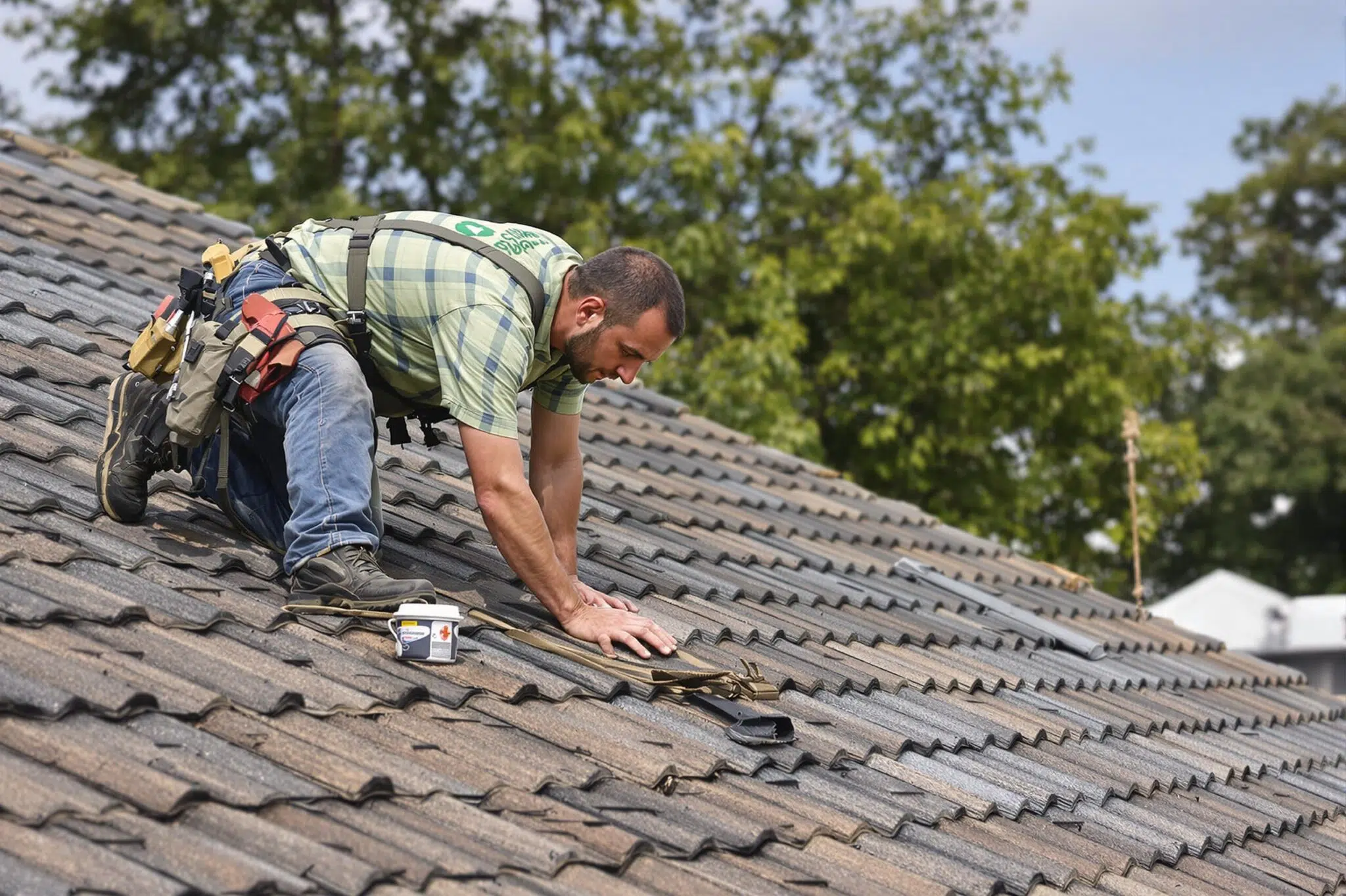 Couvreur professionnel en action sur un chantier de toiture