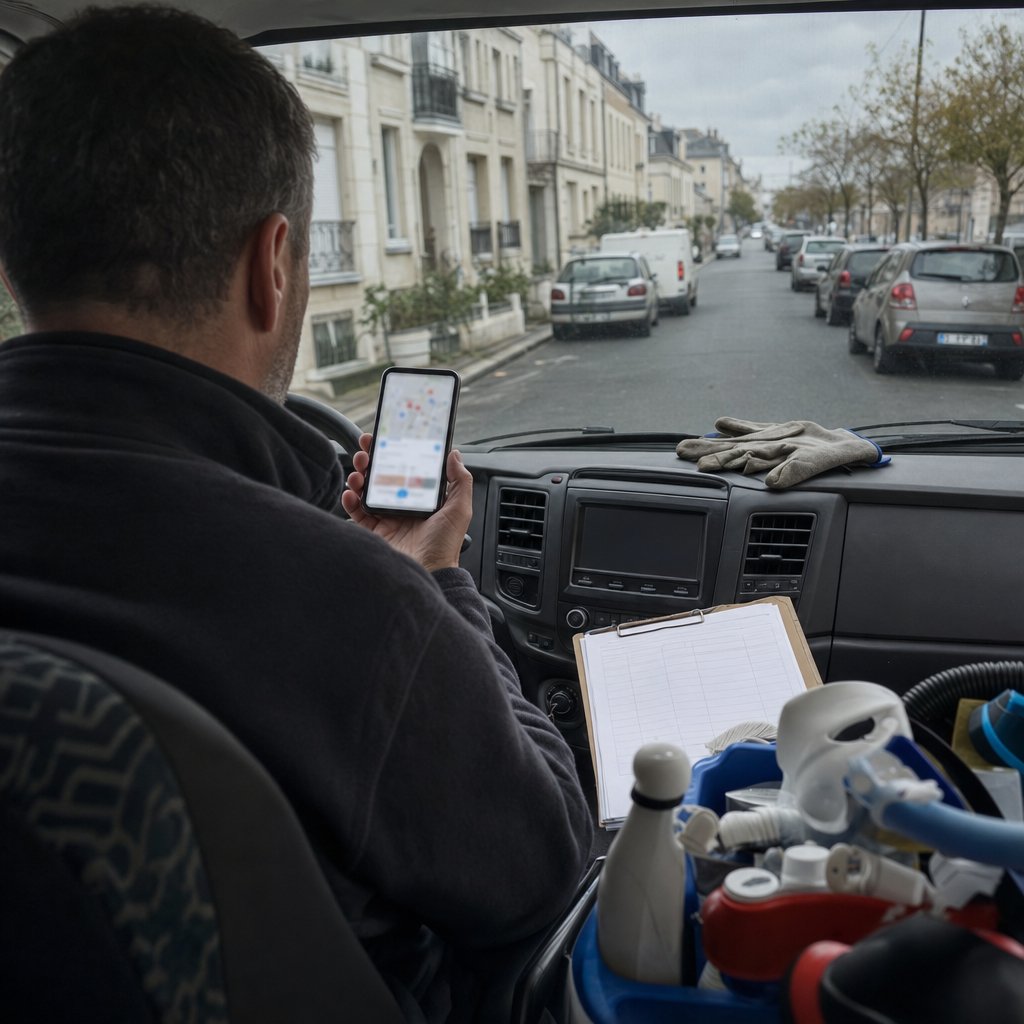 Gerant d'une entreprise de nettoyage consultant sur son smartphone les resultats Google de sa ville, enjeu du referencement par une agence SEO