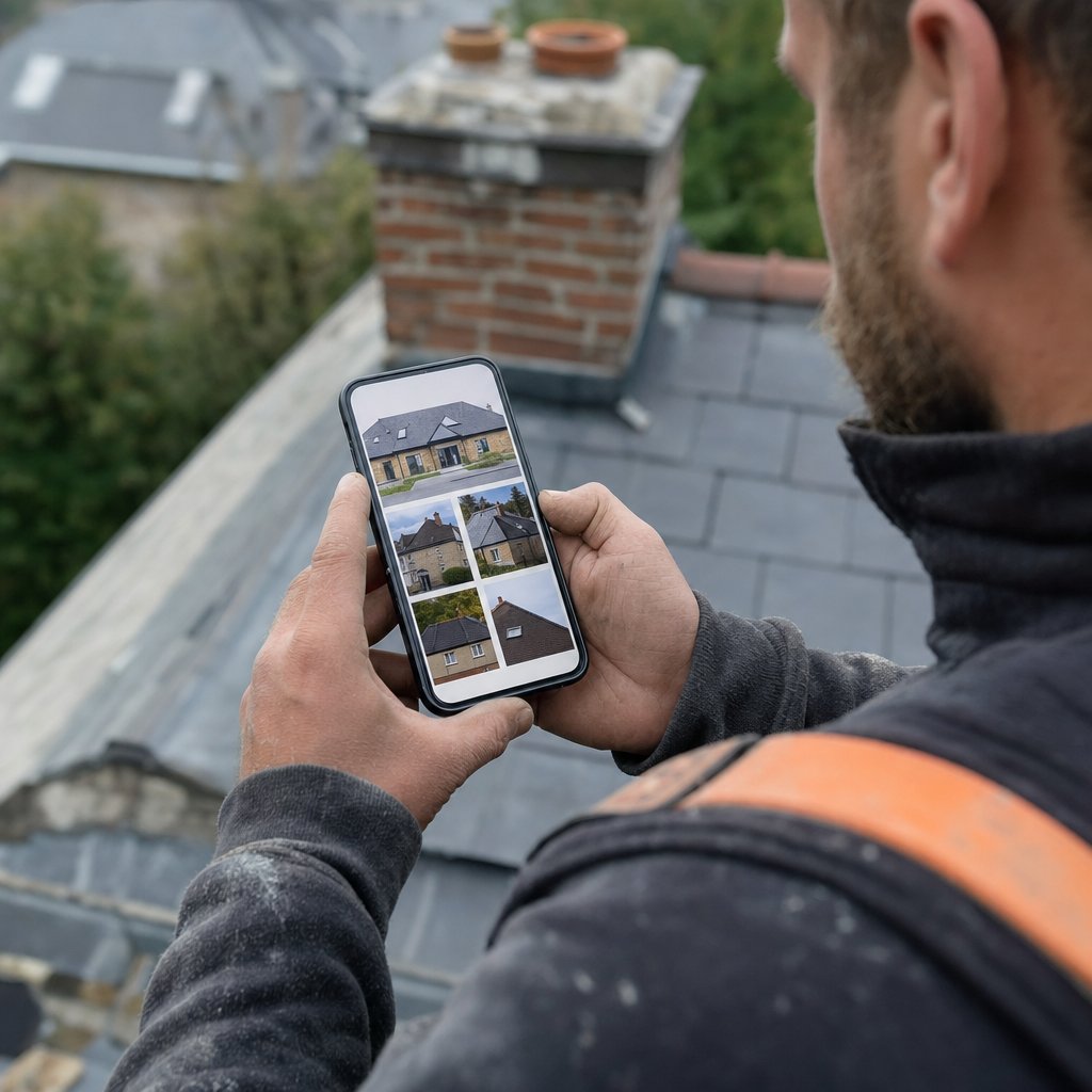 Couvreur consultant les demandes de devis de son site internet sur une tablette devant un chantier de toiture