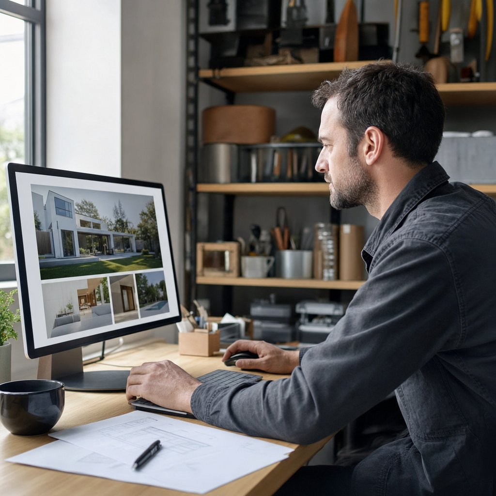 Artisan indépendant consultant son site web professionnel sur un ordinateur dans son bureau pour recevoir des demandes de devis en ligne