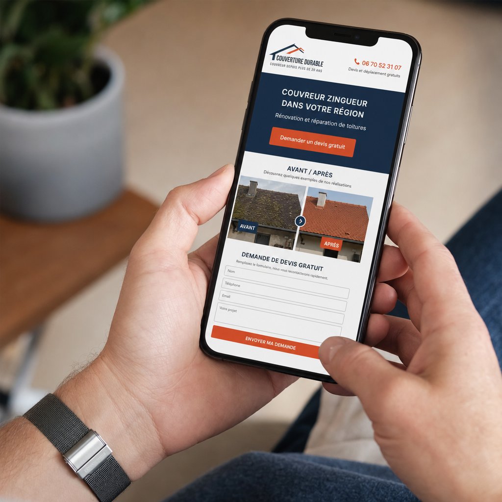 Couvreur répondant à une demande de devis en ligne sur son téléphone depuis un chantier