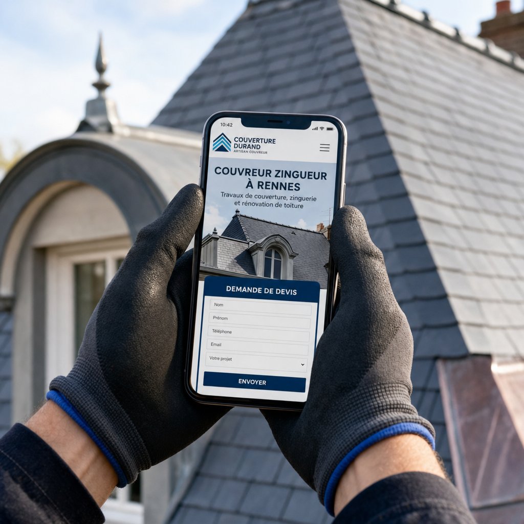 Couvreur artisan consultant son site web sur smartphone depuis une toiture