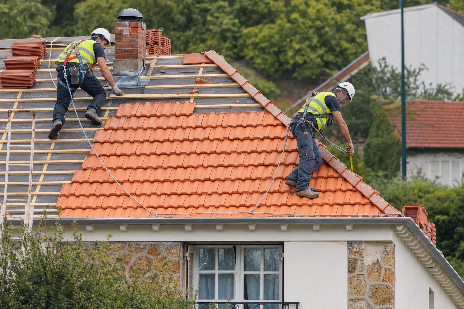 Artisans couvreurs en chantier de rénovation toiture en France