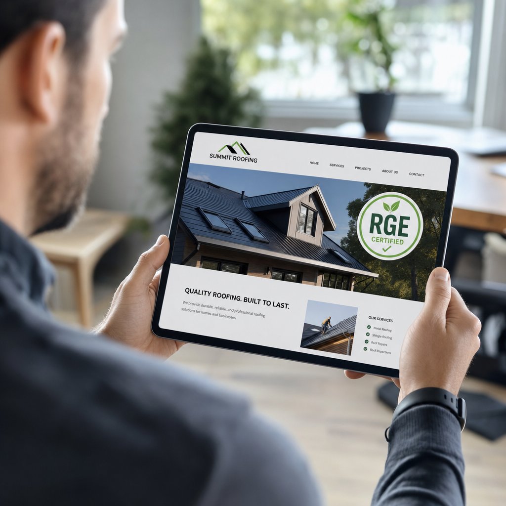 Couvreur RGE consultant un site web professionnel avec badge de certification pour attirer des chantiers MaPrimeRenov