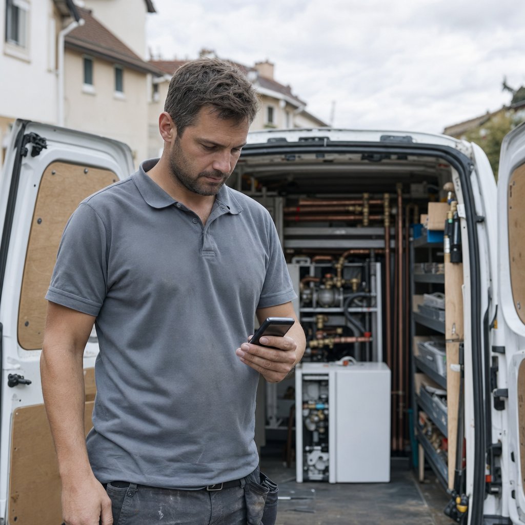 Chauffagiste consultant une demande de devis pour une pompe a chaleur sur son smartphone en intervention