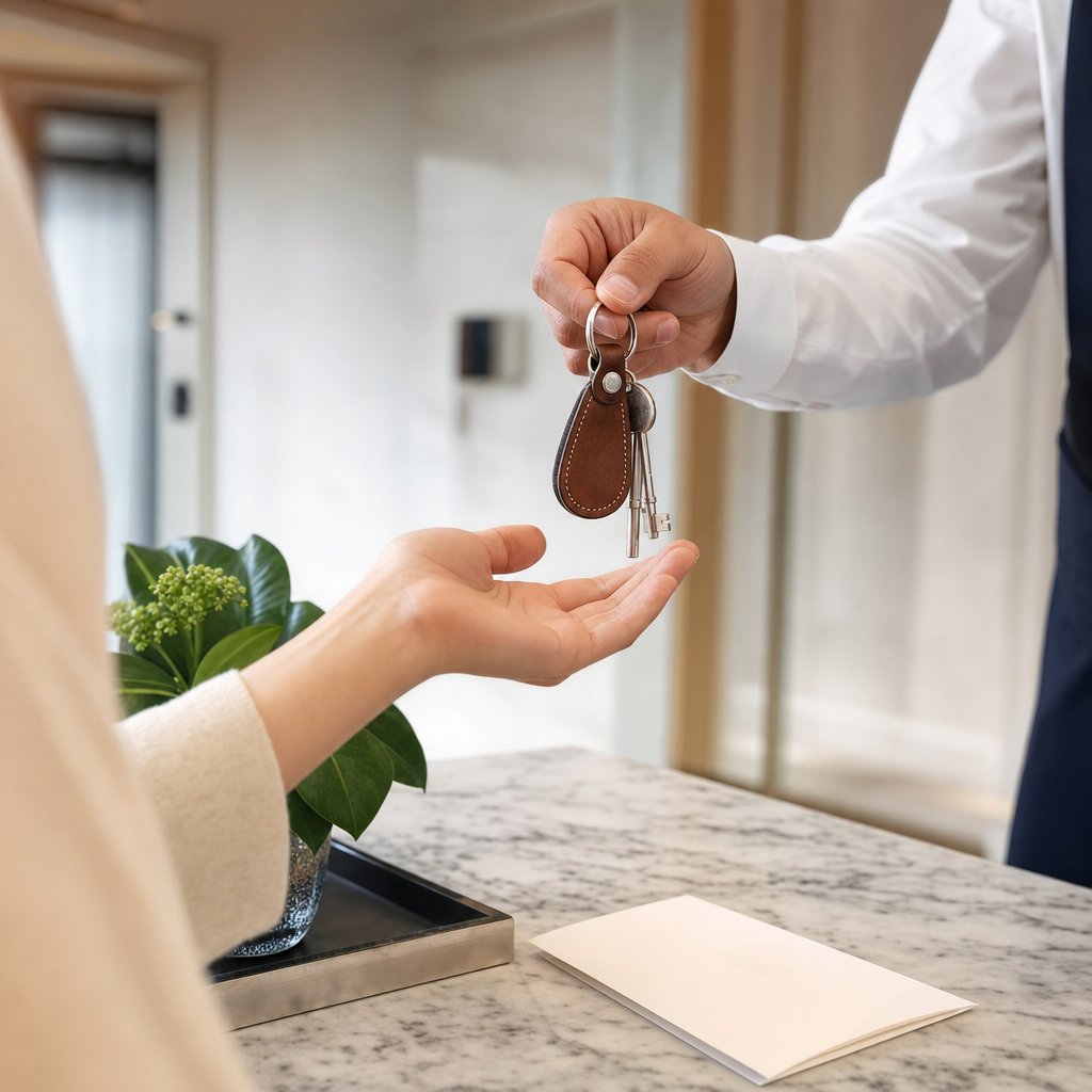 Site internet de conciergerie remettant les clés a un client, illustration de la confiance et du service premium