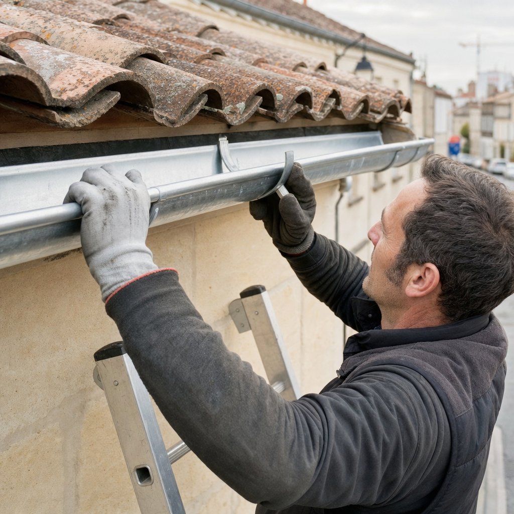 Création site internet couvreur Bordeaux : couvreur-zingueur qui pose une gouttière en zinc sur une échoppe bordelaise
