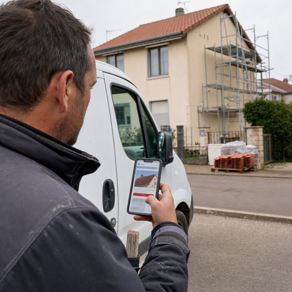 Création site internet Metz : artisan de Moselle qui consulte une demande de devis sur son smartphone devant son utilitaire
