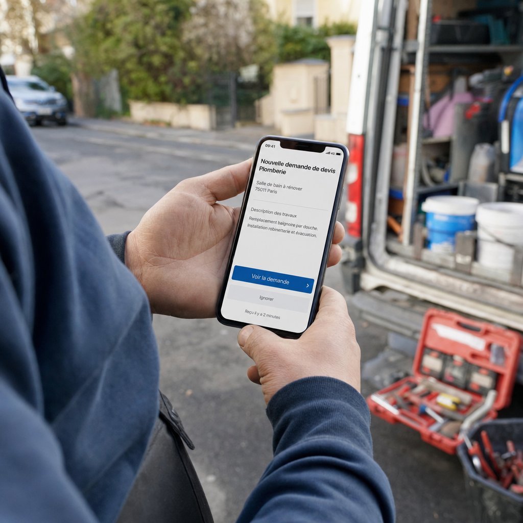 Plombier consultant une demande de devis de plomberie sur son smartphone en intervention