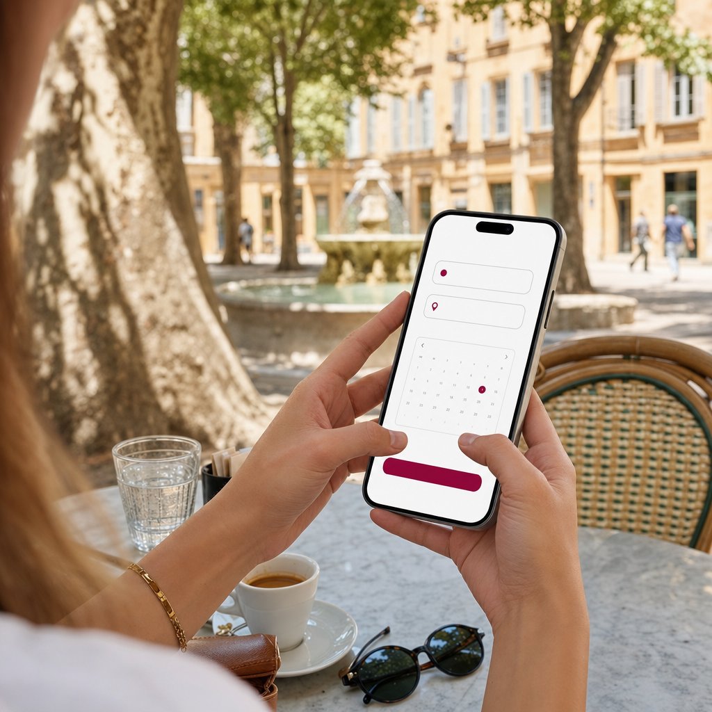 Réservation en ligne d’un VTC depuis un smartphone à Aix-en-Provence, sur une terrasse provençale