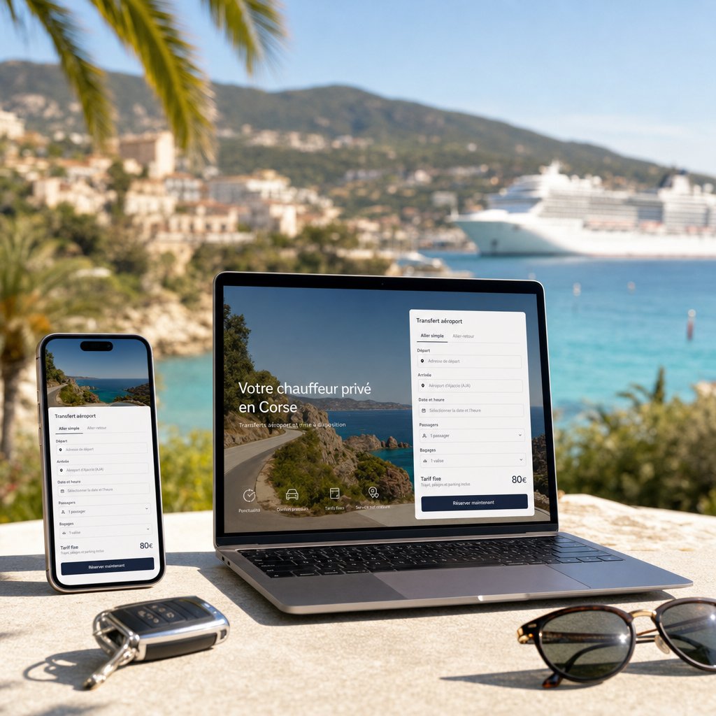 Site VTC avec module de réservation en ligne affiché sur mobile et ordinateur — création de site VTC à Ajaccio