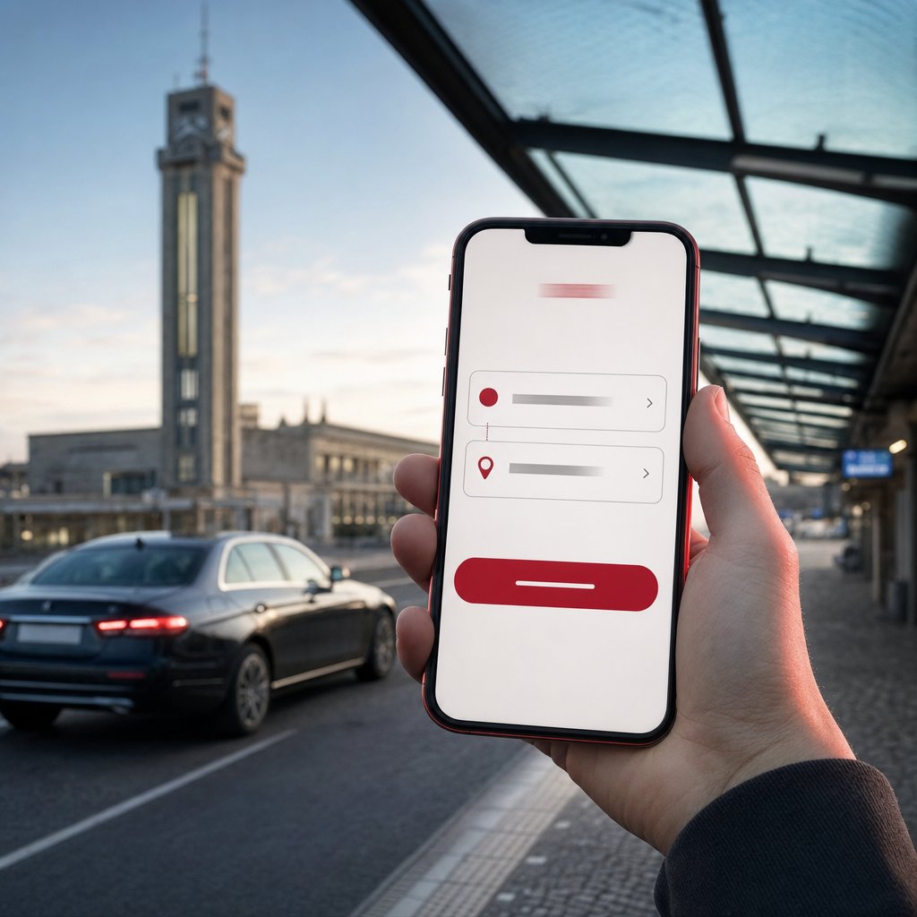 Module de réservation VTC sur mobile devant la gare d’Amiens et la Tour Perret, dans la Somme