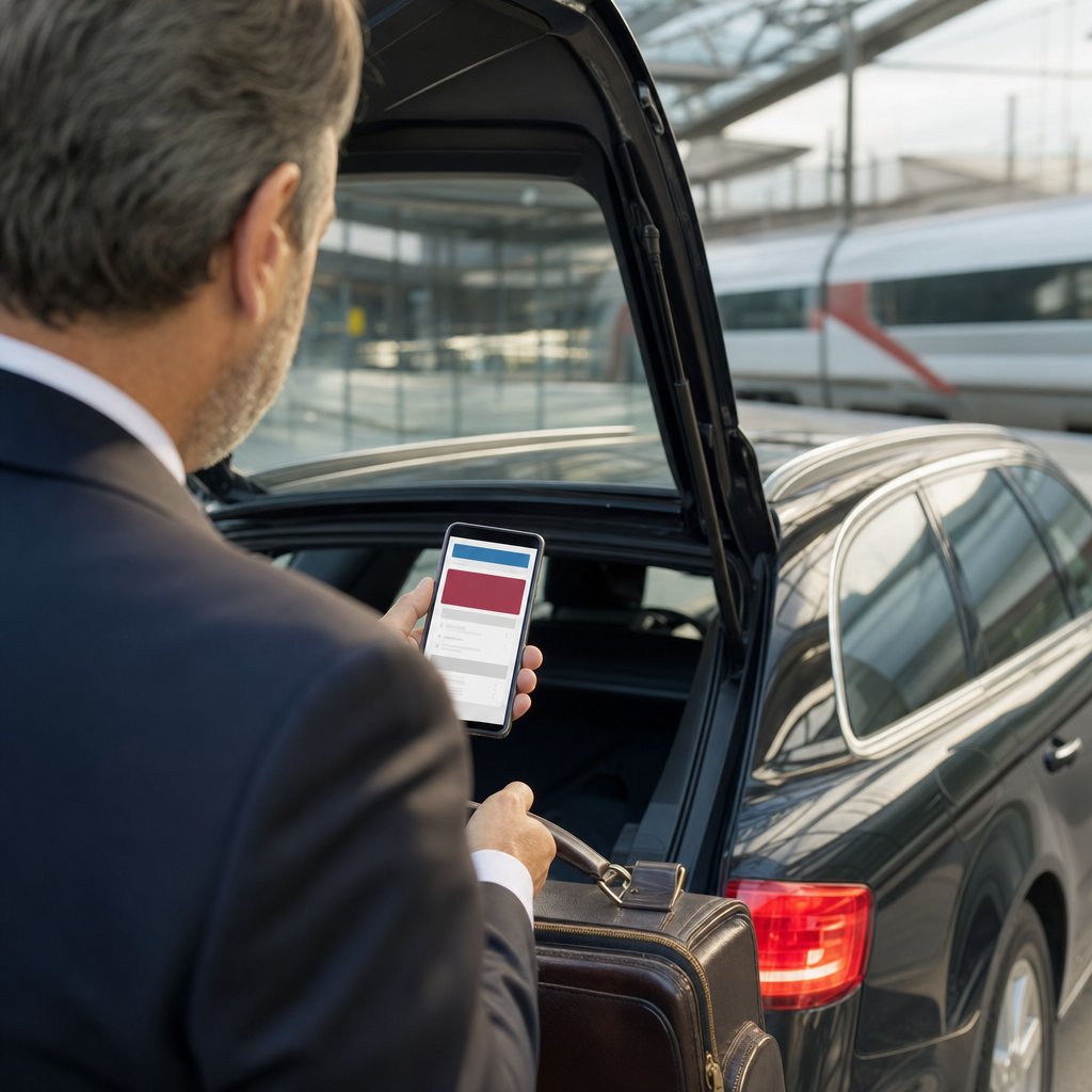 Chauffeur VTC angevin chargeant une valise et consultant les réservations de son site internet devant la gare d’Angers-Saint-Laud