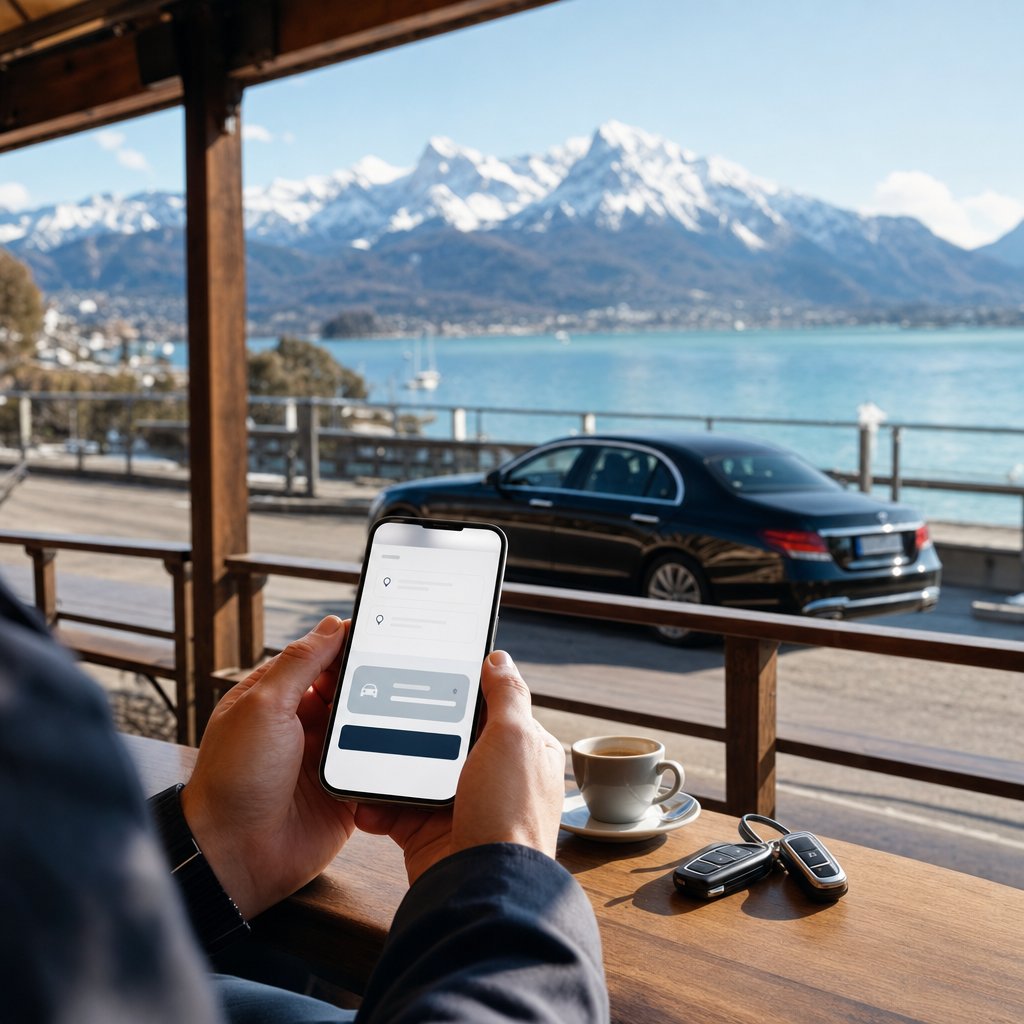 Réservation en ligne d’un VTC depuis un smartphone à Annecy, face au lac et aux massifs des Aravis
