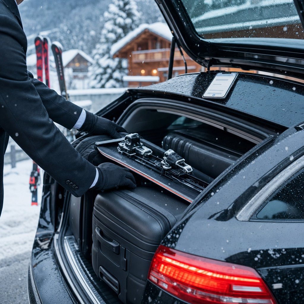 Chauffeur VTC chargeant skis et bagages dans un véhicule pour un transfert depuis Annemasse vers une station de Haute-Savoie