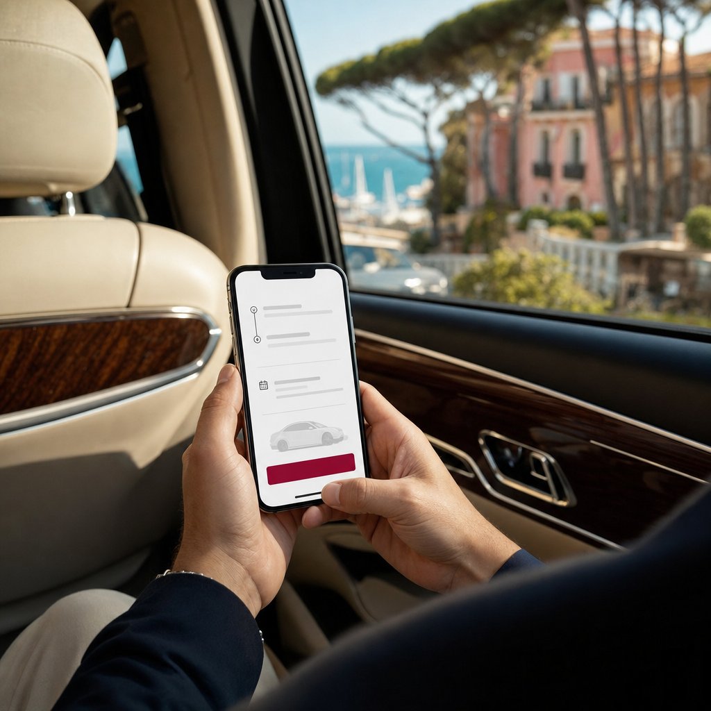 Réservation VTC en ligne depuis un smartphone à l’arrière d’une berline sur la Côte d’Azur — création de site VTC à Antibes