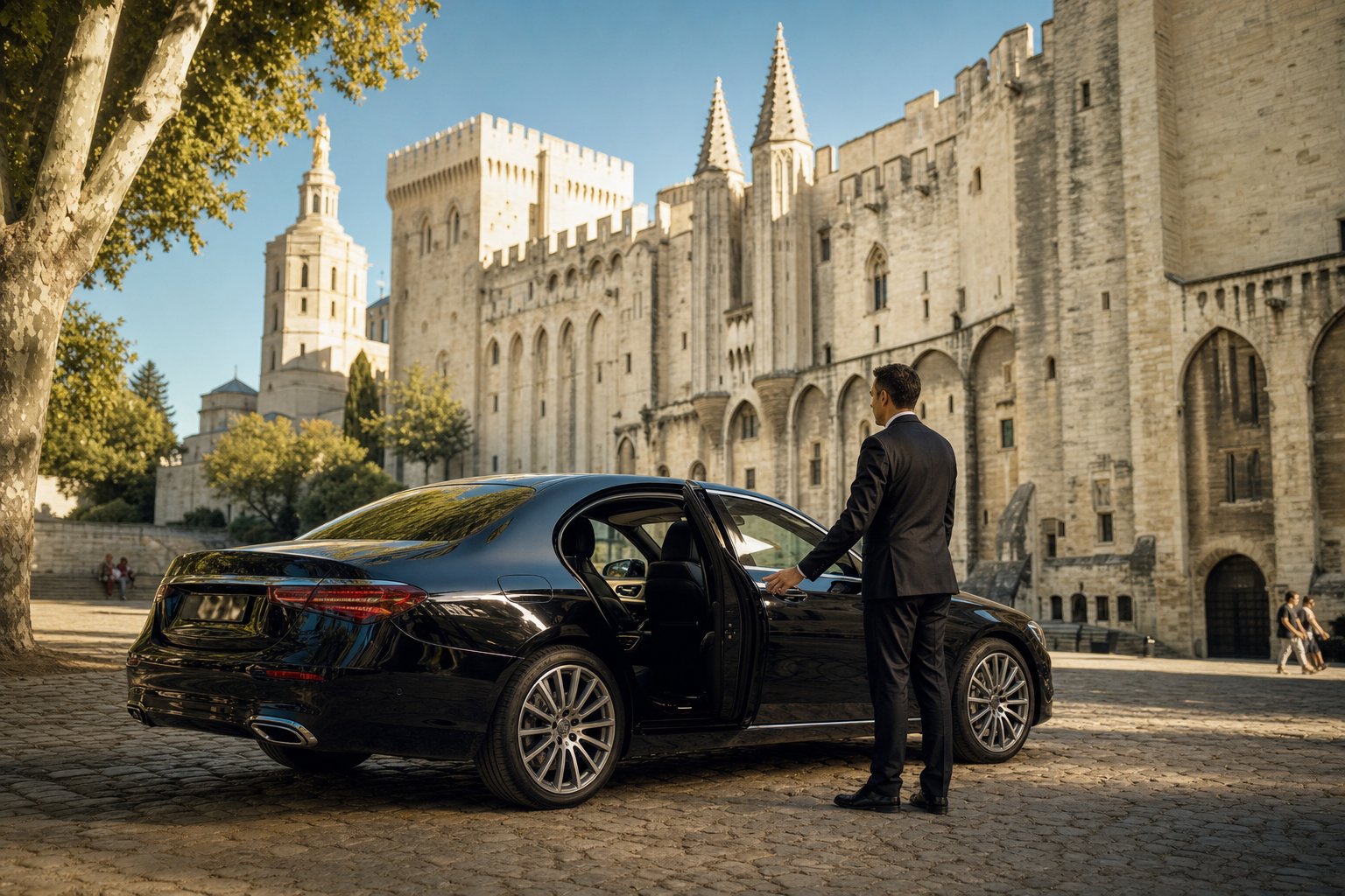 Chauffeur VTC et berline noire devant la façade du Palais des Papes à Avignon, lumière dorée de Provence