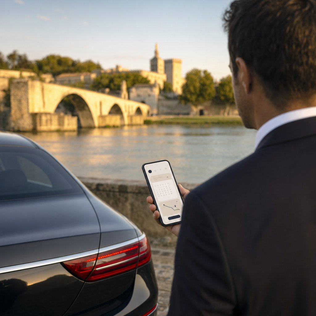 Chauffeur VTC d’Avignon consultant les réservations en ligne de son site internet devant le pont Saint-Bénézet et les remparts