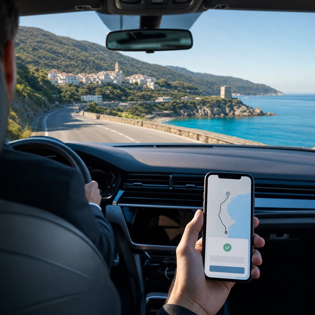 Vue depuis la banquette arrière d’une berline VTC sur la route côtière du Cap Corse, mer turquoise, tour génoise sur un promontoire et village blanc au loin, un passager tenant son téléphone avec la confirmation de sa réservation