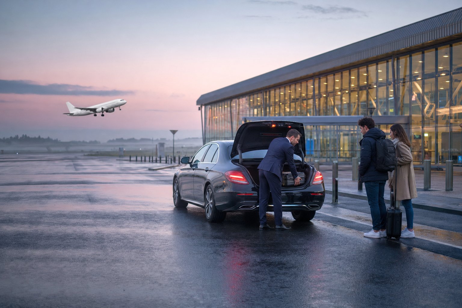 Chauffeur VTC en costume chargeant la valise d’un couple dans une berline noire devant le terminal de l’aéroport Paris-Beauvais, à l’aube