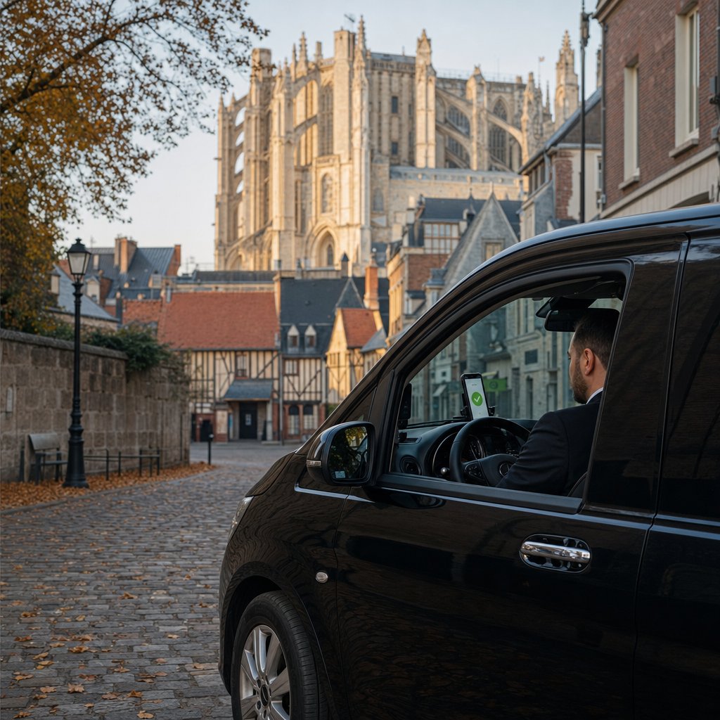 Chauffeur VTC au volant d’un van noir consultant une réservation confirmée sur son téléphone, devant le chœur gothique de la cathédrale Saint-Pierre de Beauvais