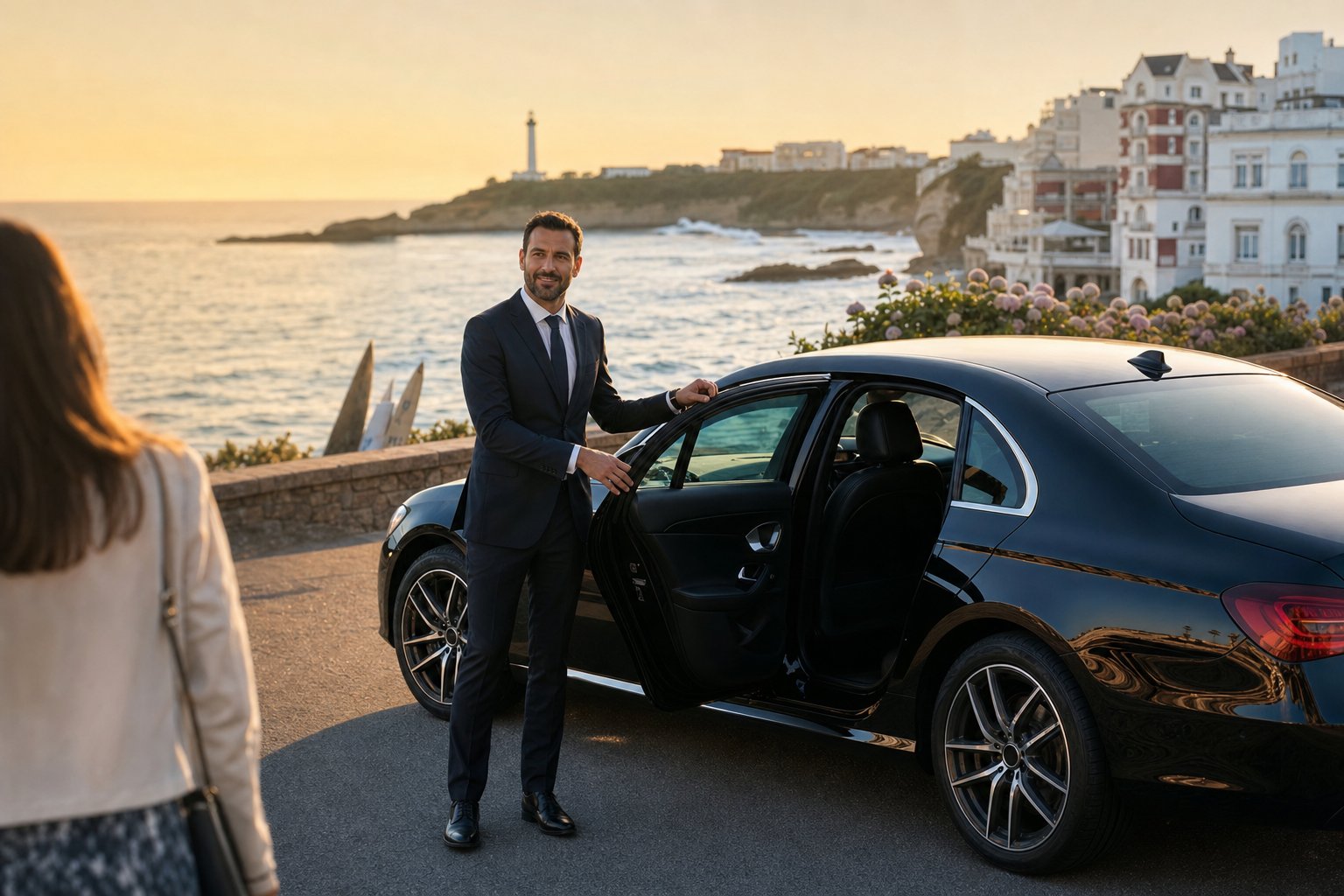 Chauffeur VTC professionnel à Biarritz devant une berline premium, face à l’océan Atlantique et à la Côte basque