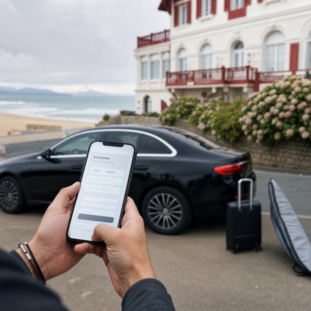 Réservation en ligne d’un VTC depuis un smartphone à Biarritz, devant une berline et la Côte basque