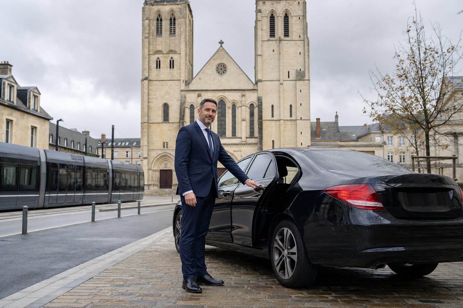 Chauffeur VTC à Caen ouvrant la portière d’une berline noire devant la façade en pierre de Caen d’une abbaye normande