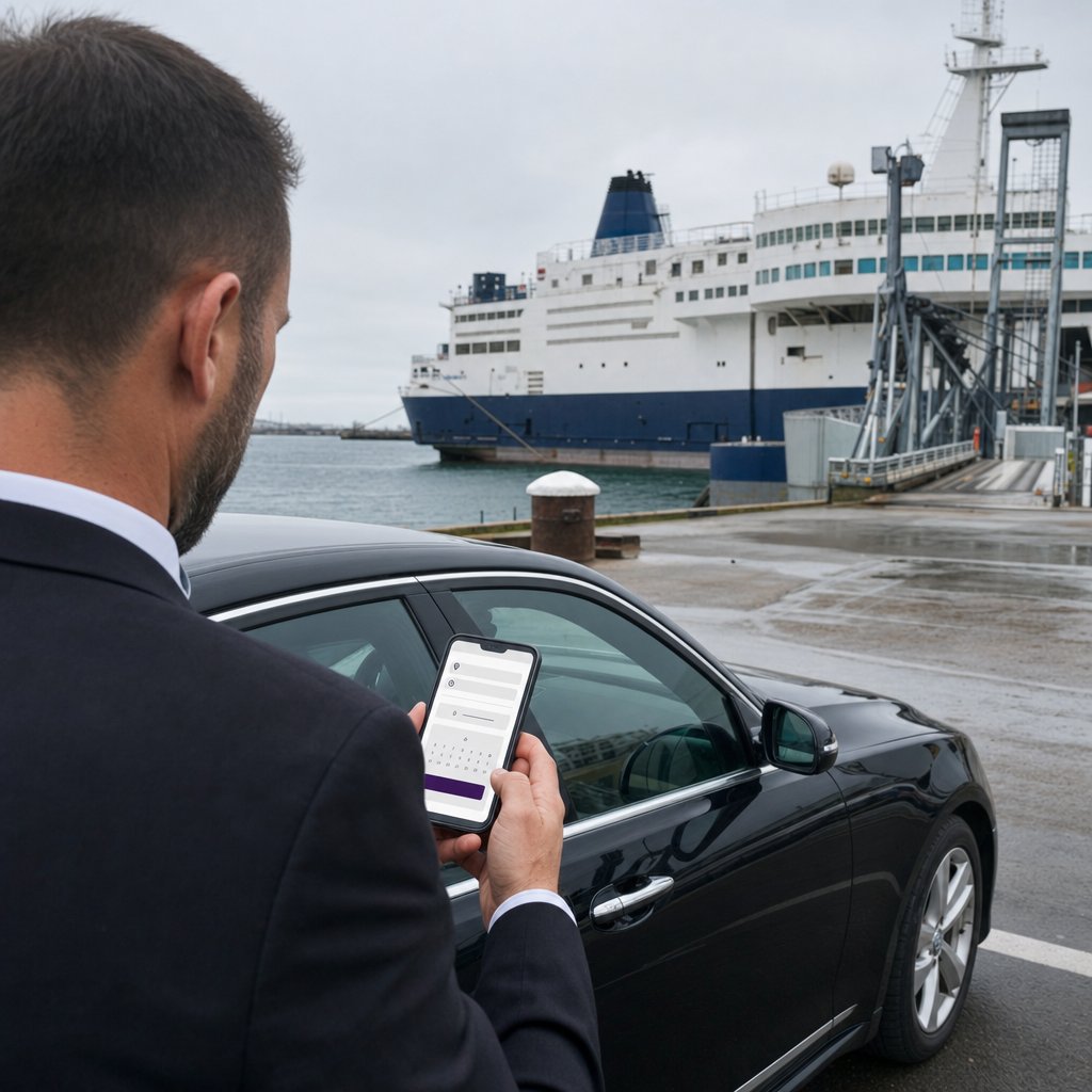 Chauffeur VTC de Caen consultant les réservations en ligne de son site internet devant le terminal transmanche de Ouistreham