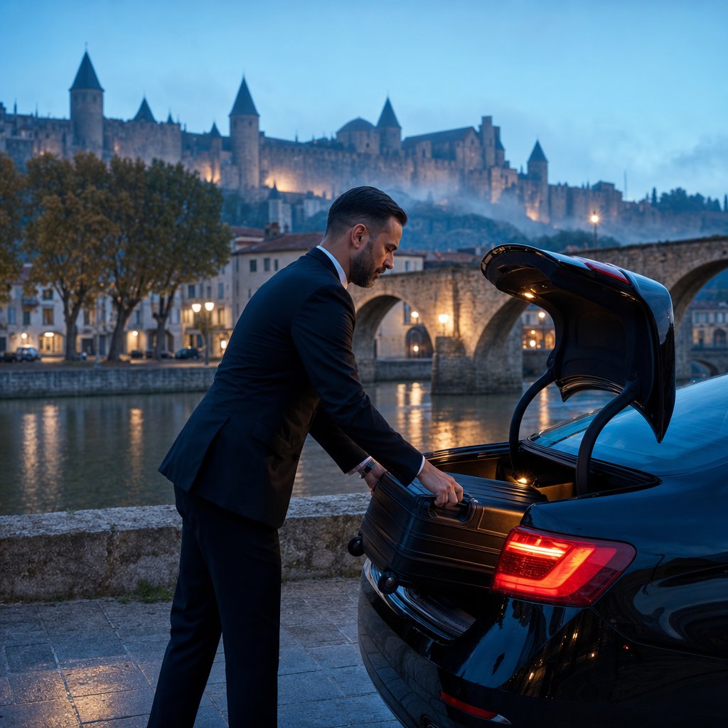 Chauffeur VTC chargeant une valise dans le coffre d’une berline noire au bord de l’Aude, la Cité de Carcassonne dans la brume au petit matin