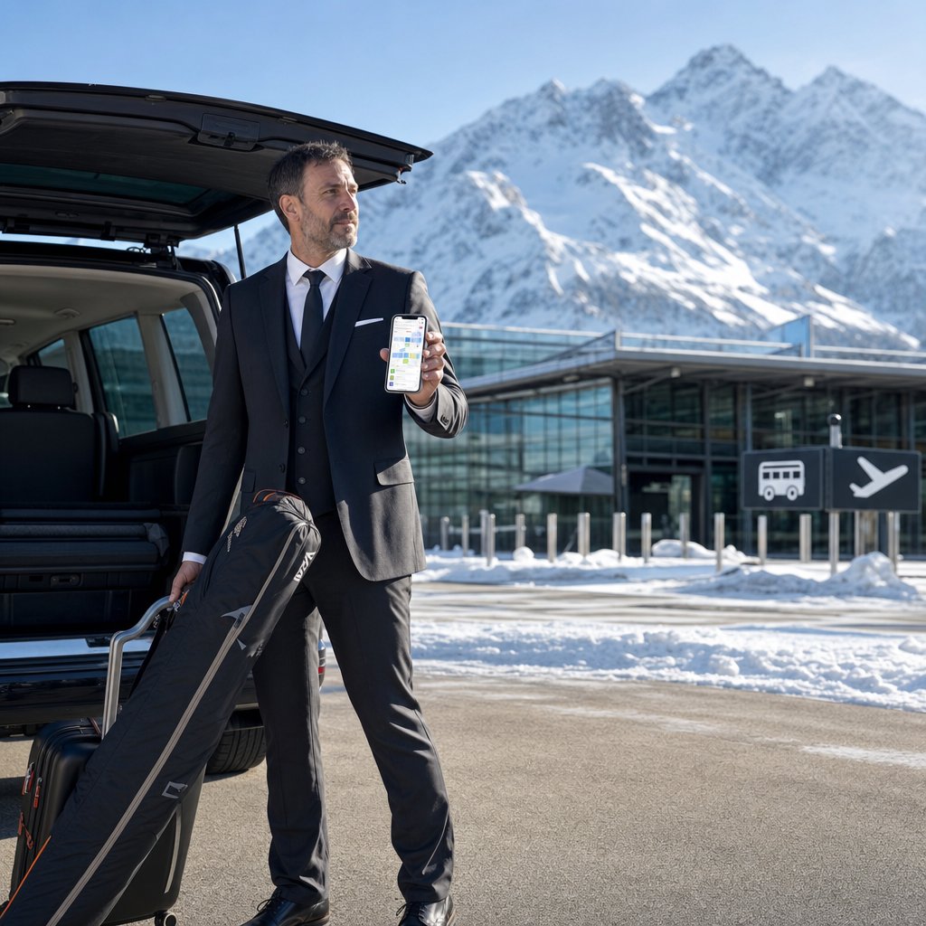 Chauffeur VTC de Chambéry chargeant des sacs à skis et consultant les réservations de son site internet devant l’aéroport Chambéry Savoie Mont Blanc