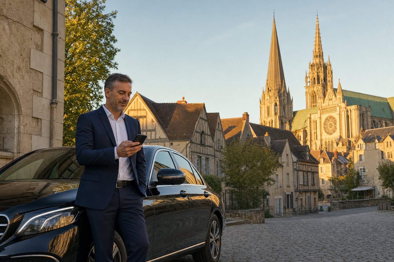Chauffeur VTC en costume consultant une réservation sur son téléphone devant une berline noire, dans une rue pavée de la vieille ville de Chartres, les deux flèches de la cathédrale en arrière-plan