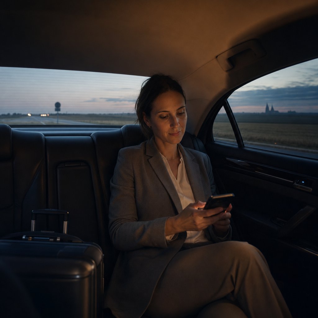 Passagère d’affaires vérifiant l’heure de son vol sur son téléphone à l’arrière d’une berline VTC, sur l’autoroute qui traverse les champs de la Beauce à l’aube, les flèches de la cathédrale de Chartres au loin
