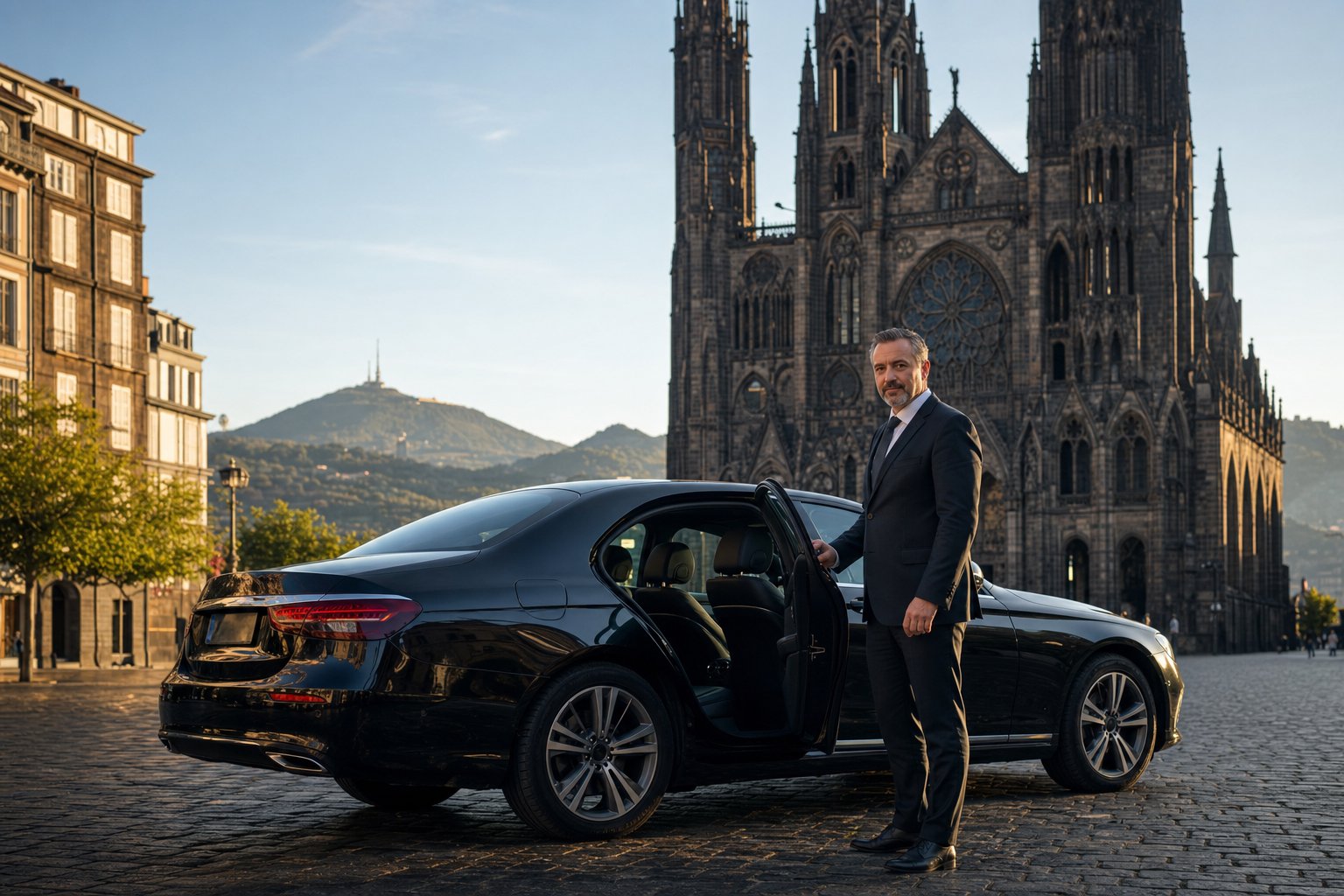 Chauffeur VTC et berline noire devant la cathédrale en pierre de lave de Clermont-Ferrand, puy de Dôme en arrière-plan