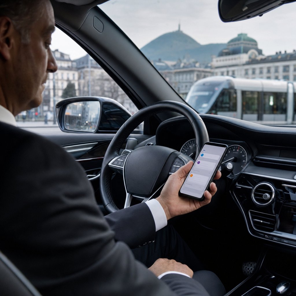 Chauffeur VTC à Clermont-Ferrand consultant les réservations en ligne de son site internet, tramway et puy de Dôme en arrière-plan