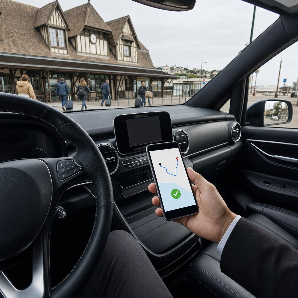 Chauffeur VTC consultant une réservation confirmée sur son téléphone, garé devant une gare à colombages de style néo-normand