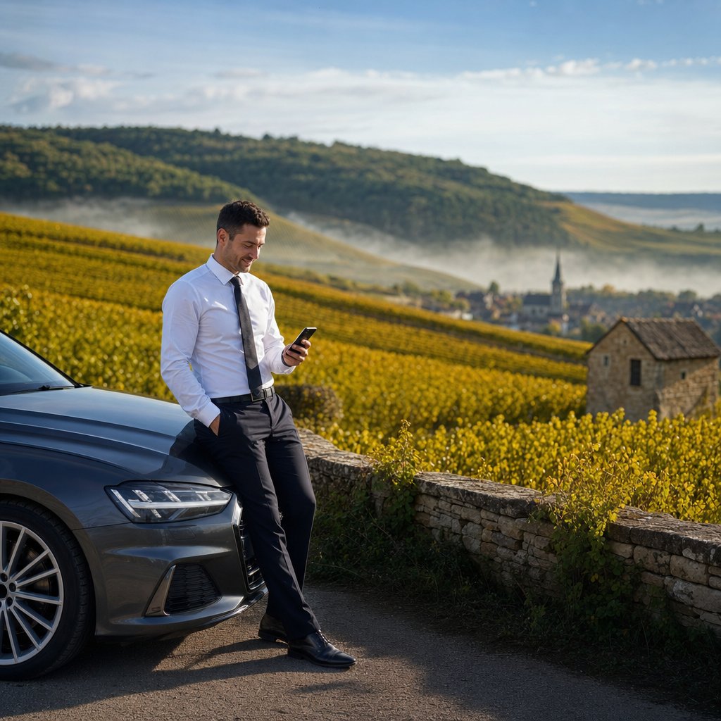 Chauffeur VTC à Dijon consultant les réservations en ligne de son site internet devant les vignes de la Côte de Nuits