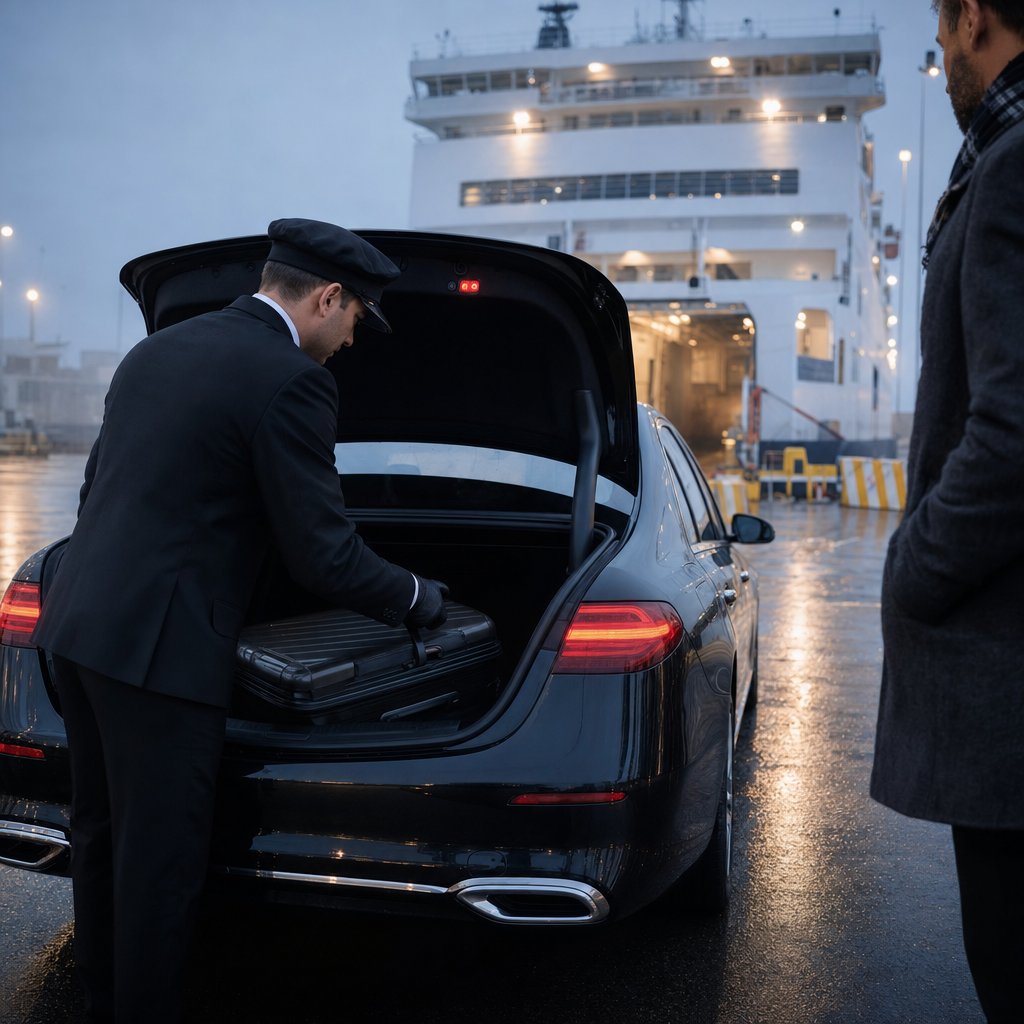 Chauffeur VTC chargeant une valise dans le coffre d’une berline noire sur un quai du port, un navire éclairé en arrière-plan, au petit matin