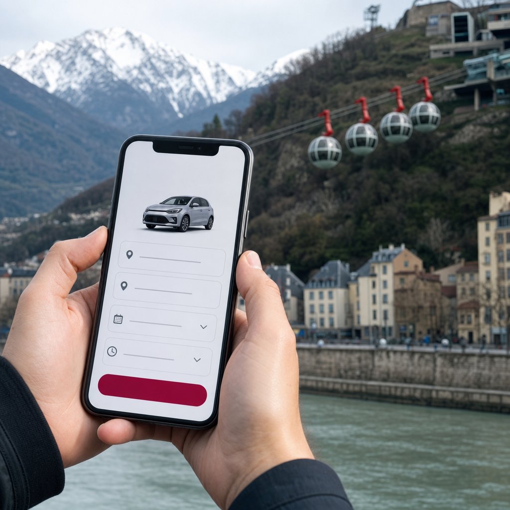Réservation en ligne d’un VTC depuis un smartphone à Grenoble, près du téléphérique de la Bastille