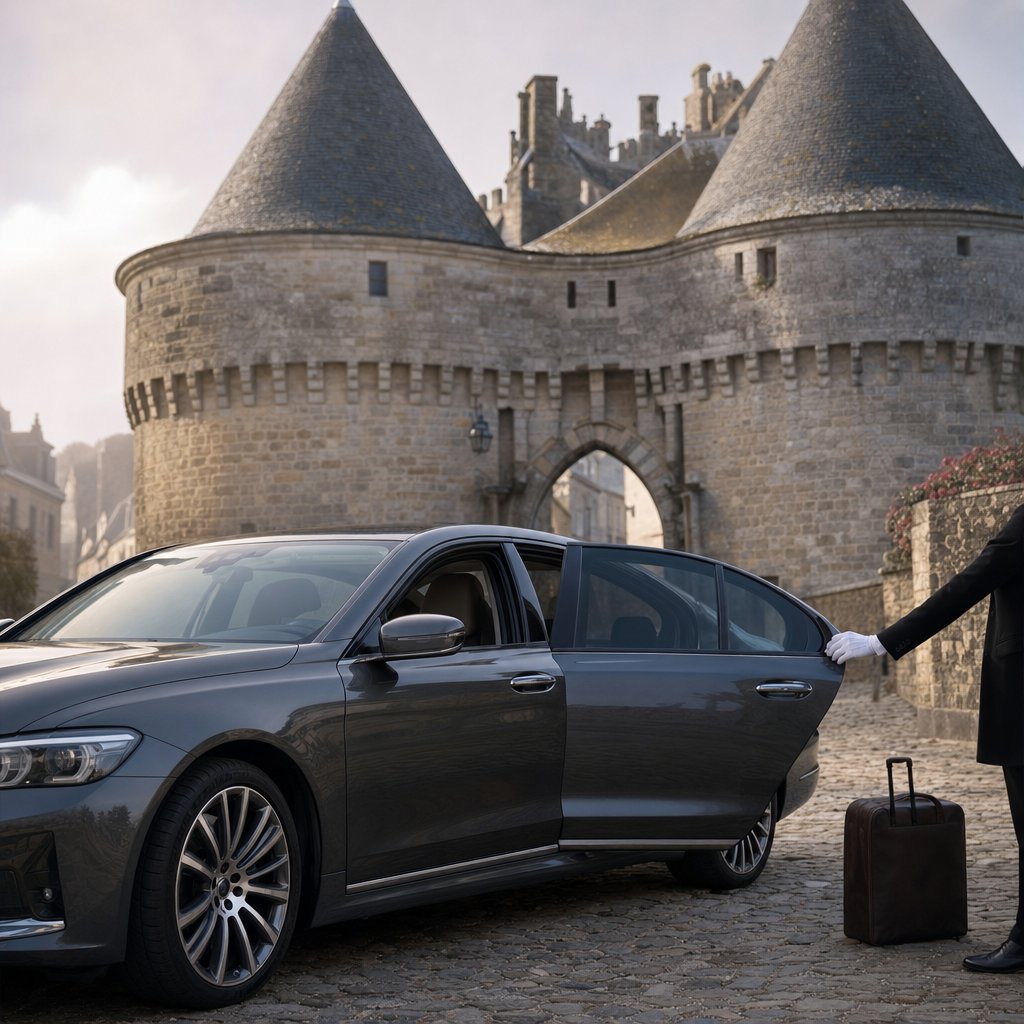 Chauffeur VTC ouvrant la portière d’une berline devant la porte fortifiée de la cité médiévale de Guérande