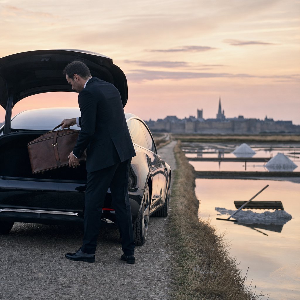 Chauffeur VTC chargeant une valise dans le coffre d’une berline noire sur une route des marais salants de Guérande au crépuscule
