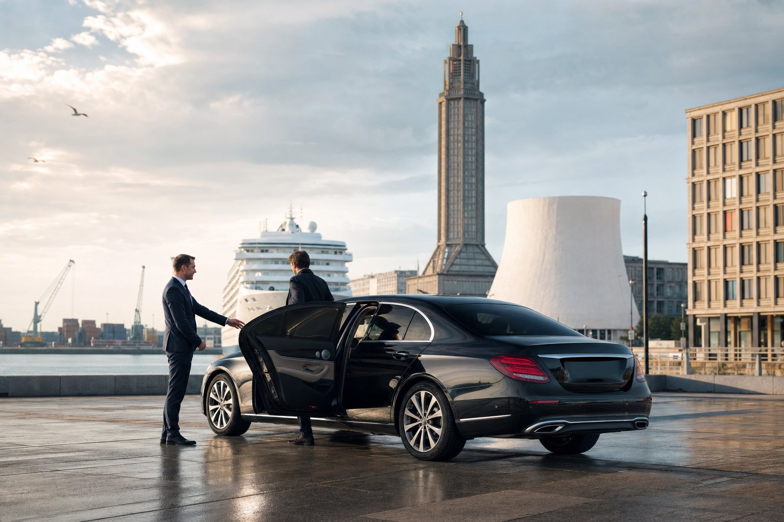 Chauffeur VTC et berline haut de gamme sur le front de mer du Havre, devant l’architecture Perret et un paquebot à quai
