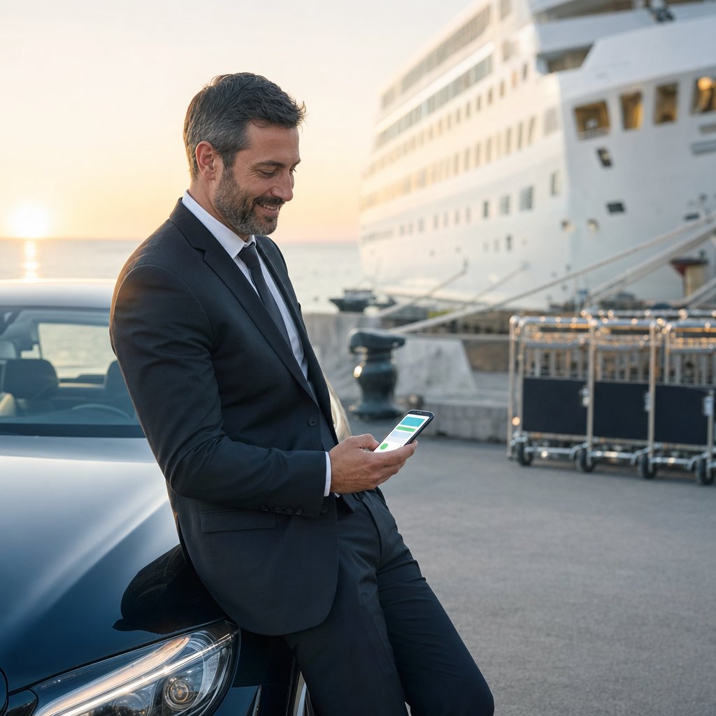 Chauffeur VTC au Havre consultant les réservations en ligne de son site internet sur le quai du terminal croisière