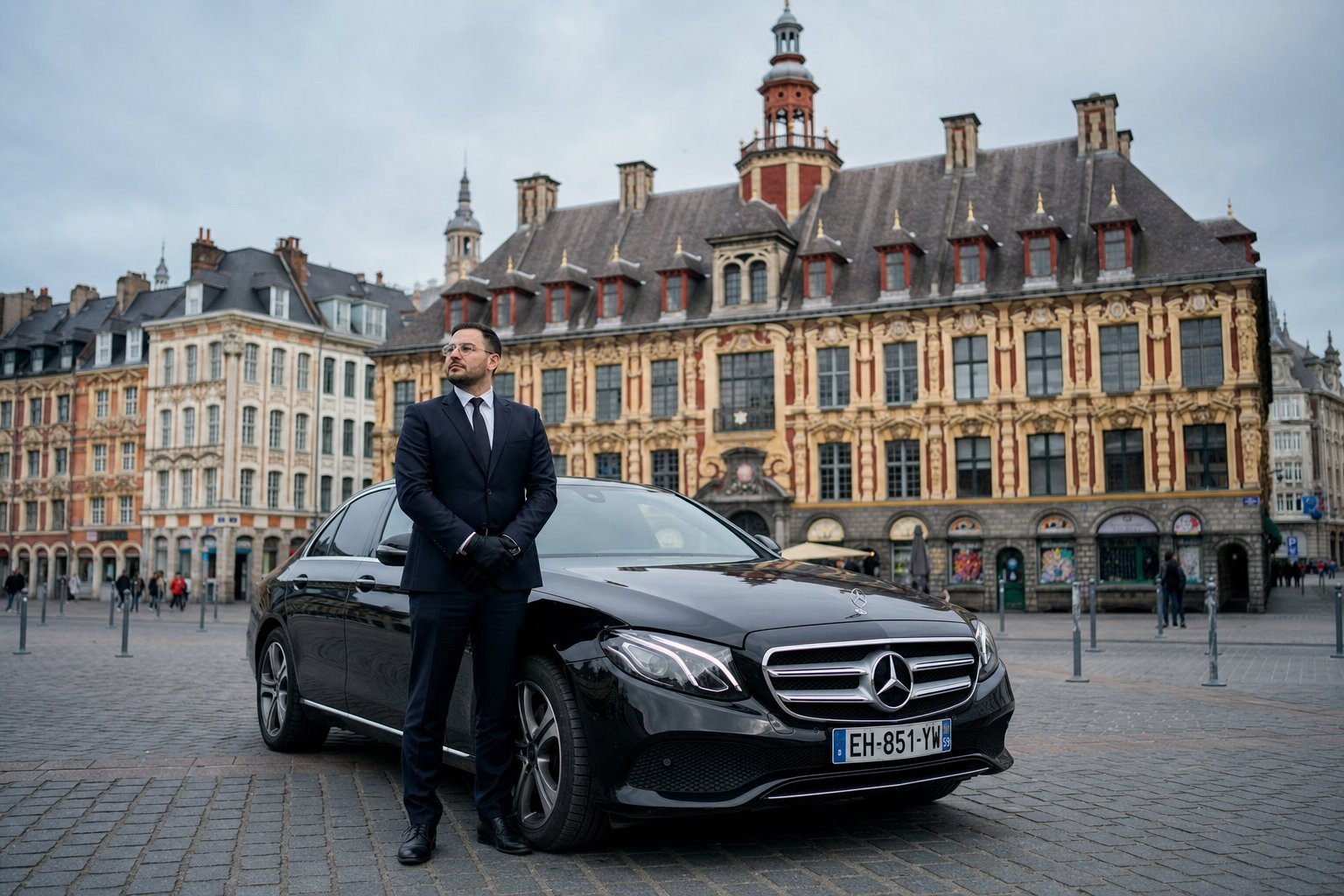 Chauffeur VTC professionnel à Lille devant la Grand-Place et la Vieille Bourse