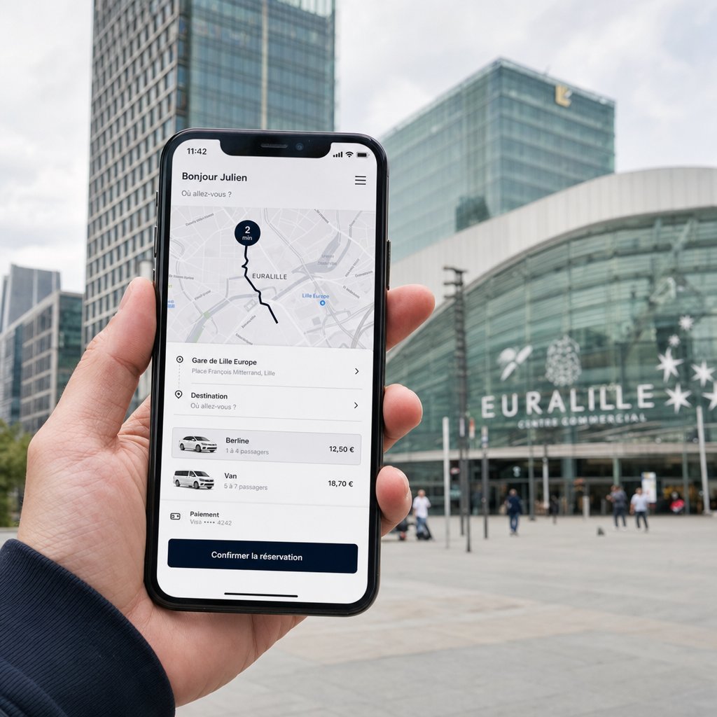 Réservation en ligne depuis un véhicule VTC dans le quartier d'affaires Euralille à Lille