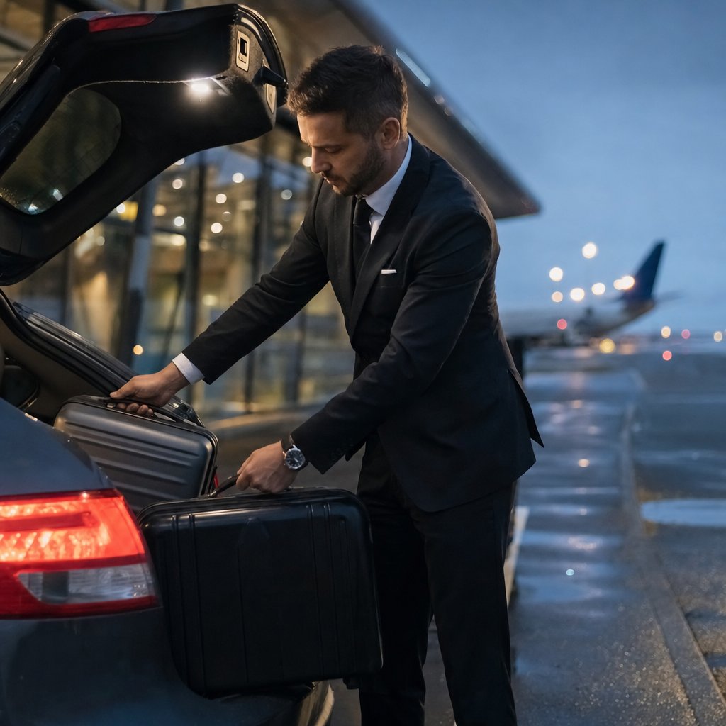 Chauffeur VTC chargeant des valises dans le coffre d’un véhicule à l’arrivée d’un aéroport régional en soirée