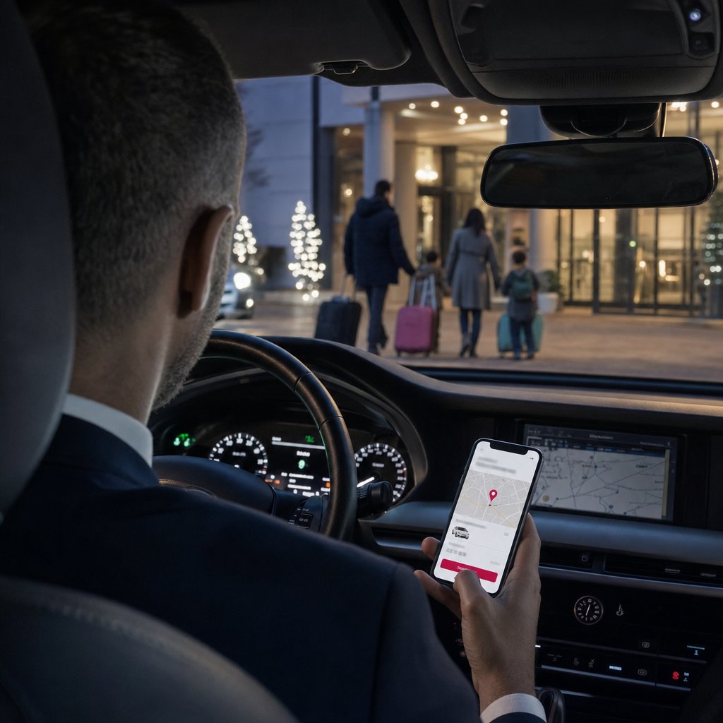 Chauffeur VTC consultant une réservation sur son téléphone dans sa berline, devant l’entrée d’un hôtel du Val d’Europe le soir