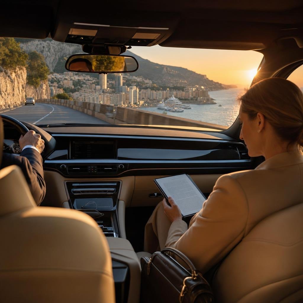 Passagère d’affaires consultant sa tablette à bord d’une berline VTC sur la corniche entre Menton et Monaco, la Principauté et ses yachts au loin au coucher du soleil